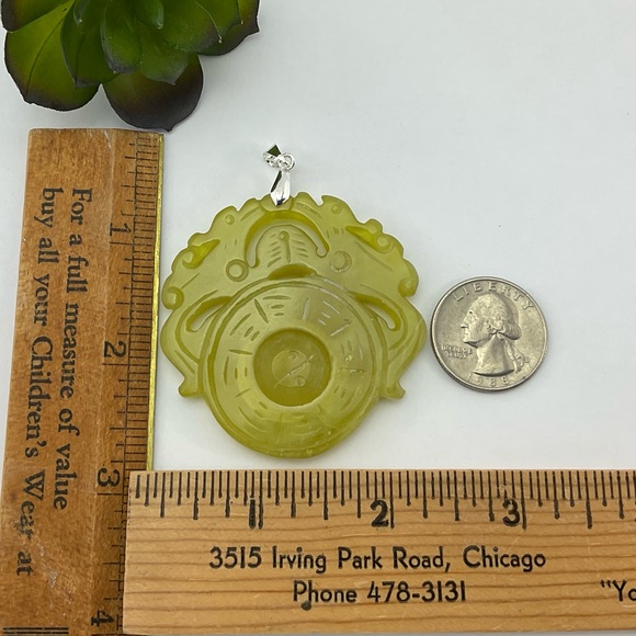 Jade Dragon Spinner Pendant, Handmade, Yellow Green Jade, Unisex, 24" L - Picture 3 of 10
